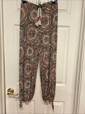 Anthropologie Pink and Green Paisley Drawstring Joggers